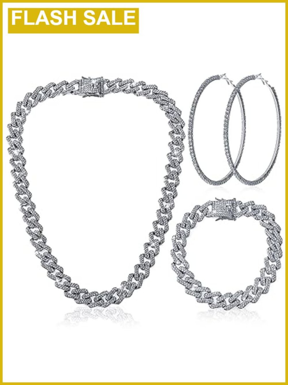 Cuban Link Necklace Bracelet Earrings Set 18 Inch Silver